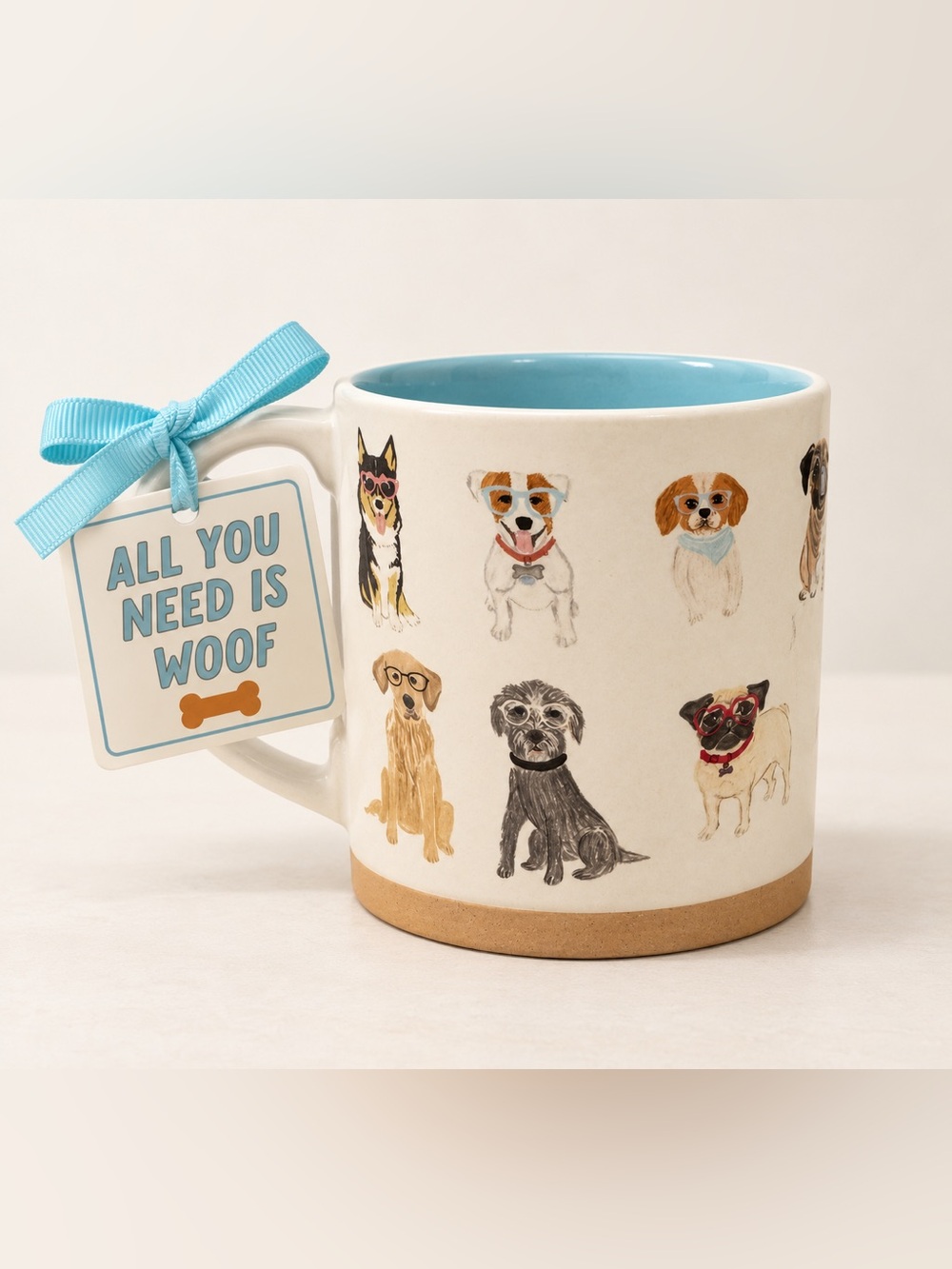 Illustrated Dogs in Glasses Ceramic Mug Blue Interior